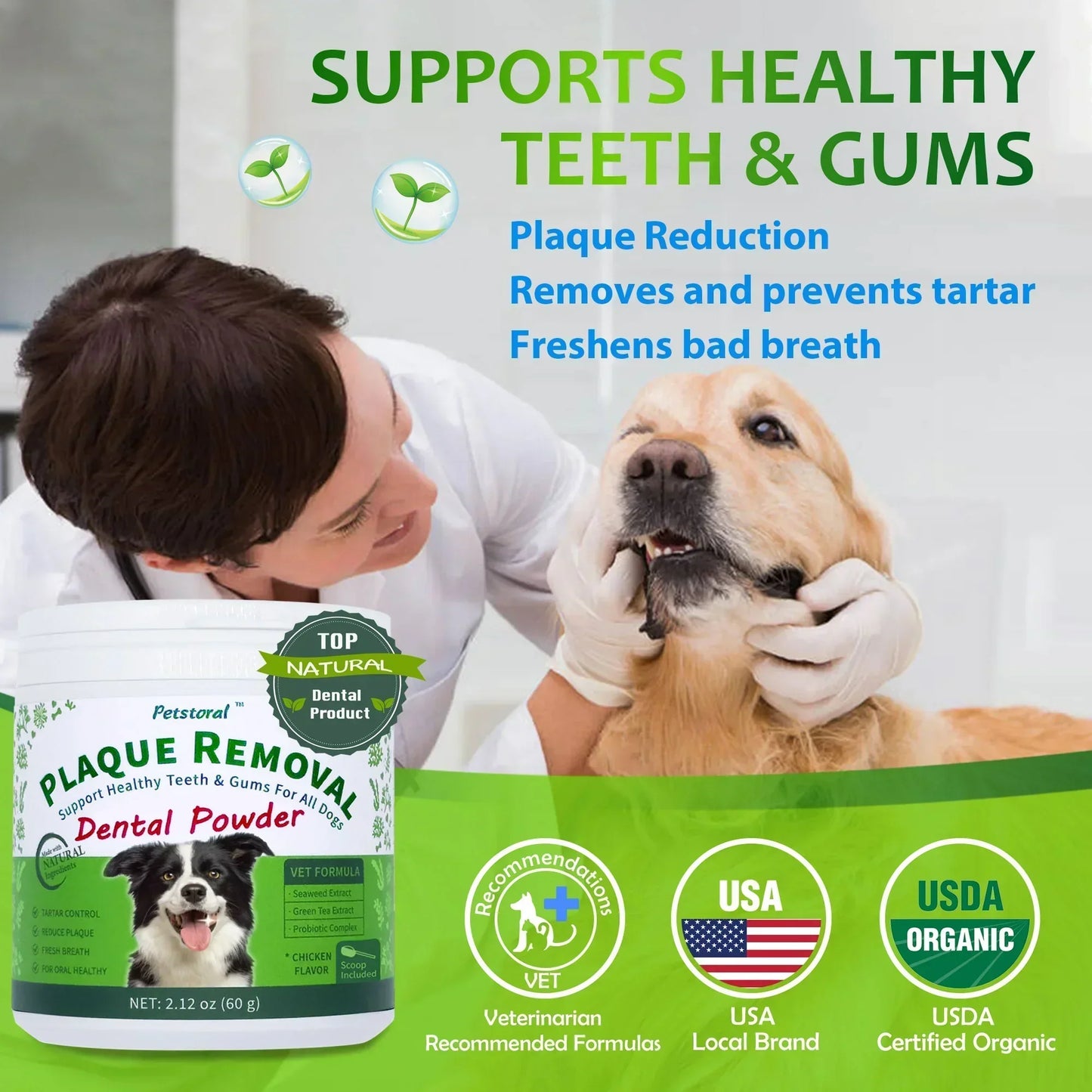 Plaque Removal Dental Powder 4-Pack, Dog Dental Care and Bad Breath Treatment, Dog Teeth Cleaning Powder for Healthy Teeth & Gums for All Dogs