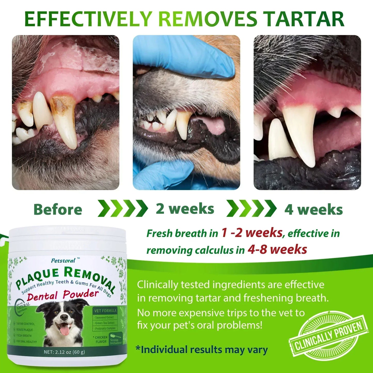 Plaque Removal Dental Powder 4-Pack, Dog Dental Care and Bad Breath Treatment, Dog Teeth Cleaning Powder for Healthy Teeth & Gums for All Dogs