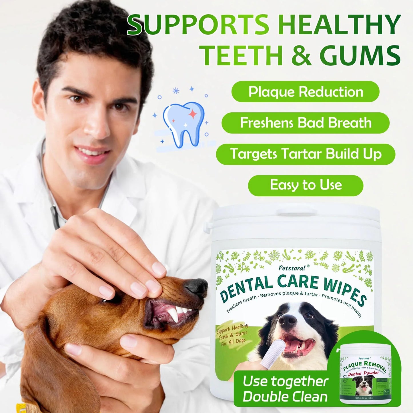 Petstoral Dental Care Wipes for Dogs and Cats, 50 Count, Teeth and Gum Cleaning, Plaque and Tartar Removal